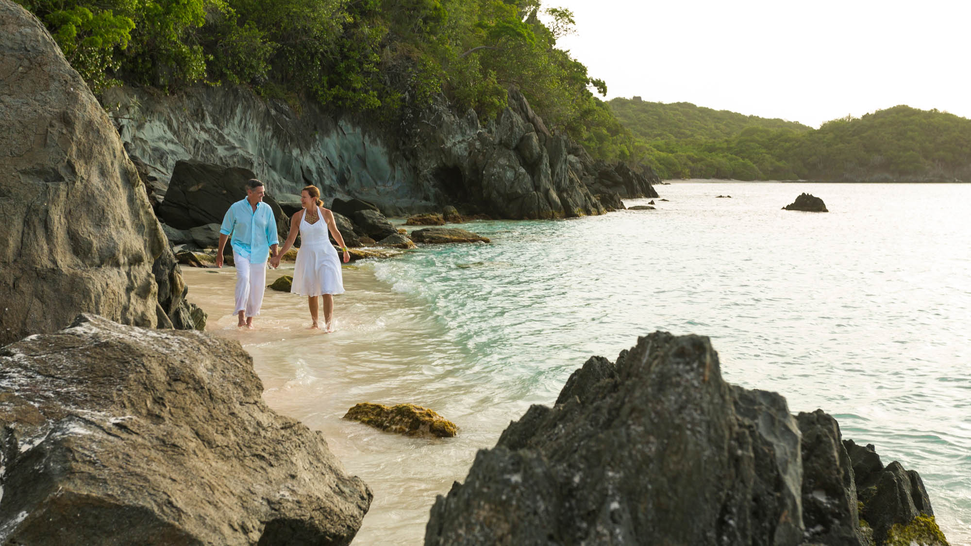 US_Virgin_Islands-St_John-Trunk_Bay-Older_Couple-Beach_Walk-Sunset